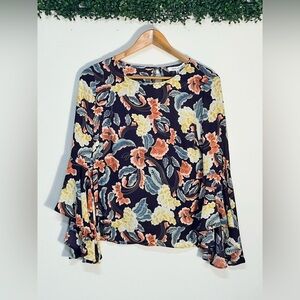Rose & Olive Bohemian Navy Floral Bell Sleeve Blouse Small